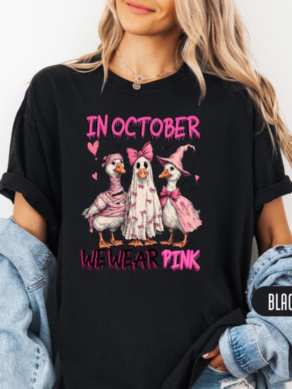 In October We Wear Pink Goose Shirt, Cute Halloween Breast Cancer Awareness Tee